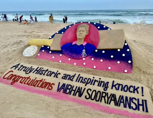 Sudarsan Pattnaik Honors Vaibhav Sooryavanshi's 97 Off 29 IPL Performance with Sand Sculpture on Puri Beach