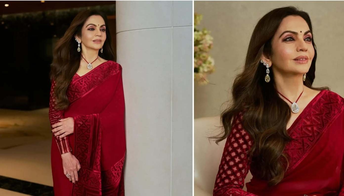 Nita Ambani Dazzles in Elegant Red Saree at Abu Jani Sandeep Khosla's 40-Year Celebration
