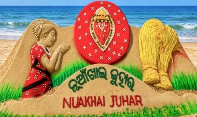 Sudarsan Pattnaik Unveils Remarkable Sand Art for Nuakhai at Puri Beach